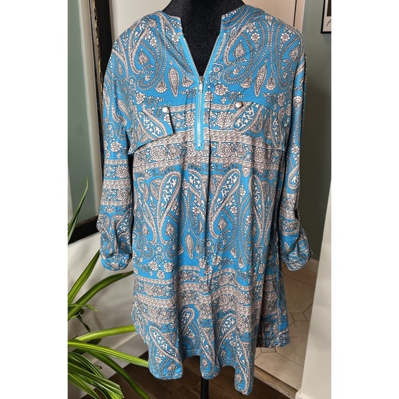 Luckymore Tops - Luckymore Womens Zip Neck Long Sleeve Flowy Tunic Top Size XXL-Turquoise Paisley